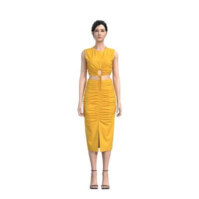 China SEXY Breathable Twist Front Ruched Side Breathable O-Neck Bodycon Cut Out Dress for sale