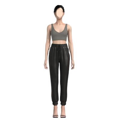 China High Waist Black Breathable Casual Drawstring Leather Last Spring Pants For Women for sale