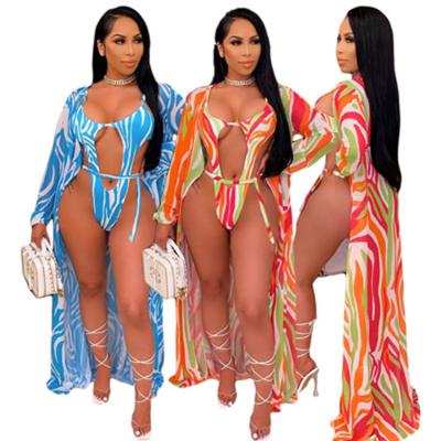 China Multi Swimwear 2021 Fashion Women Stripe Cutout Bandage Long Sleeve Beachwear Swimsuit Two Piece Round Neck Wrap Breathable for sale