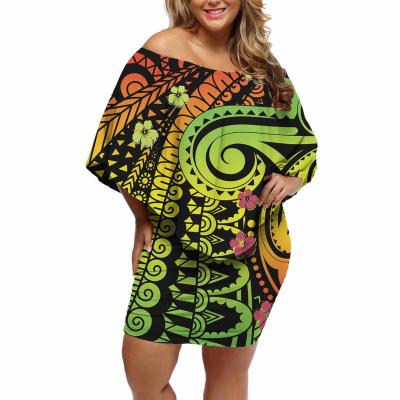 China Breathable Polynesian Hawaiian Women Sexy Hibiscus Pattern Design Party Elegant Dresses Off The Shoulder Ruffle Beach Bodycon Mini Dresses for sale