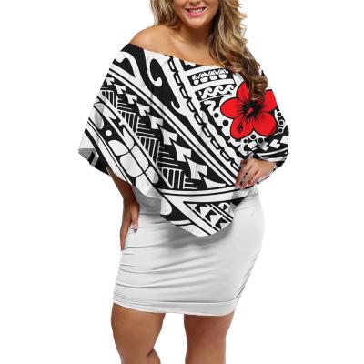 China Causal Anti-Static Plus Size Dresses Red Hibiscus Mix Tribal Design Hip One Shoulder White Polynesian Dresses Solid Color Clothing Wholesale for sale