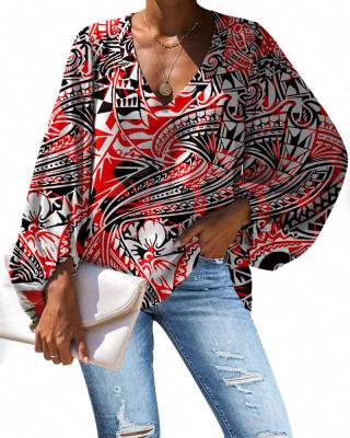 China Polynesian Traditional Anti-pilling Print Chiffon Blouse Elegant Women Tribal Custom POD Printed Chiffon Shirts Long Sleeve Women Blouse for sale