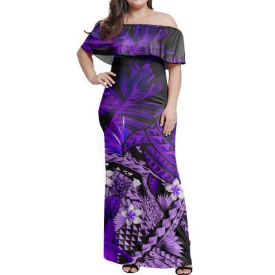 China Anti-Static Purple Polynesian Dresses Sea Turtle Tribal Print Off Shoulder Dress Elegant Logo Print Wholesale Custom Lady Sexy Women Dress for sale