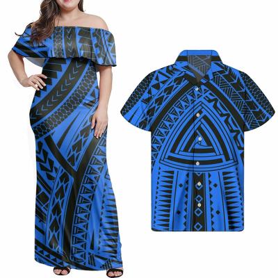 China Custom Men's Vintage Shirt Couples Blue Polynesian Tribal Print Fashionable Anti-Static Two Piece Matching Sets Women One Shoulder Plus Size Dress for sale