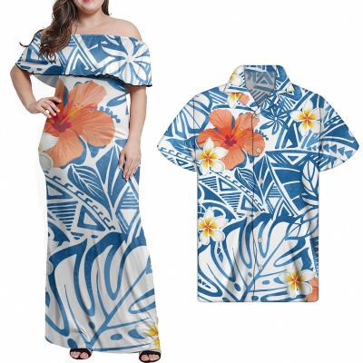 China Anti-Static Elegant Ruffle One Shoulder Dresses Women Elegant Couple Dress Men White Polynesian T-shirt Tribal Blue Floral Matching Dress for sale