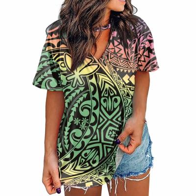 China Anti Pilling Women T Shirts With Logo Samoa Polynesian Hawaii Summer Ethnic Loose Tops Short Sleeve V Neck T-shirt Tunic Blouses for sale