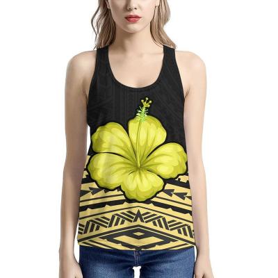 China Flower Tribal Printed Sleeveless Round Top Round Back Cross Back Casual Vest Women Summer Tank Neck Gym Tops Polynesian Hibiscus Tops Casual Yellow for sale