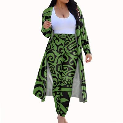 China Fashion European and American style design Polynesian tribal women's green floral print green cardigan ditch coat QUICK DRY and skinny long pants for sale