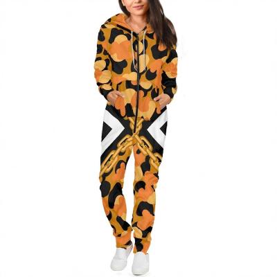 China QUICK DRY Custom Women Pajamas Long Sleeve Leopard Overalls For Women Fashion Custom Leopard Overalls With Gold Zipper Chain Hoodies for sale