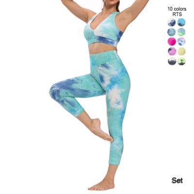 China Breathable Tie Dye Jacquard Waistband Top Seamless Yoga Bra And Pants Sport Fitness Tight Yoga Set Wear Hot Sale For Women Girls for sale