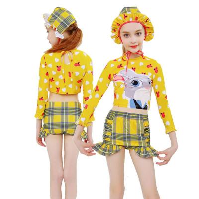 China Kids Swimsuit 3pcs Set Breathable Popular Sunflower Style Rabbit Print Tankini Set For Little Girl Kawaii Swimwear Long Sleeve With Ruffle for sale