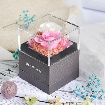 China Fashional Romantic Valentine's Day Gift Preserved Jewelry Gift Box 2 Blooming Fresh Flowers for sale