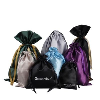 China Gift Printed Logo Dustproof Jewelry Drawstring Satin Fabric Drawstring Silk Bag for sale