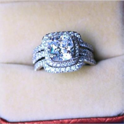 China Sterling Silver Princess Cut Bridal CLASSIC set engagement wedding Ring Bands With Cubic Zirconia for sale