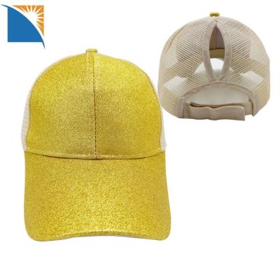 China Mesh Bun Baseball Ponycap 6 Panel Glitter Ponytail Ponytail Hat Mesh Trucker Cap Ladies Messy Glitter COMMON High for sale