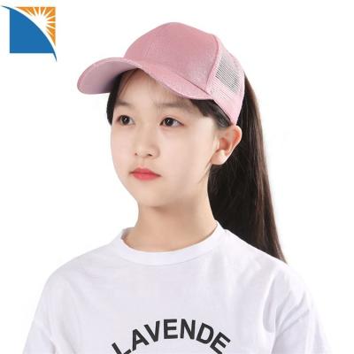 China COMMON Glitter Ponytail Hat For Kids Messy Summer Bun Trucker Hat Kids Girl Baseball Cap for sale