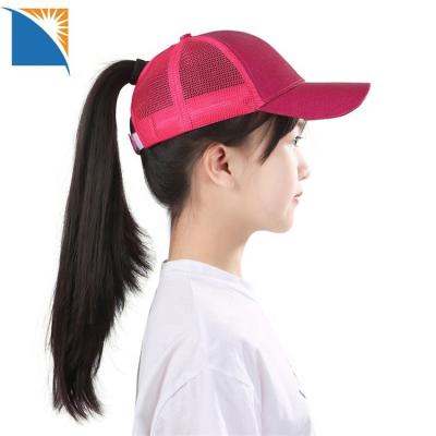 China COMMON Glitter Ponytail Hat For Kids Messy Bun Ponytail Hat The Top With Mesh Summer Sun Protection Baseball Cap For Girls for sale