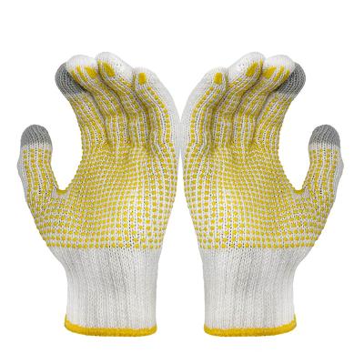 China Construction Customization 10 Gauge Polyester Green Dots String Knit Protective Hand Gloves For Mechanics Garden Site for sale