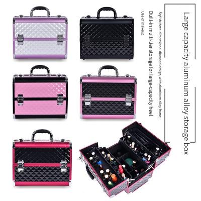 China Fashion high quality double two four layer open box aluminum alloy beauty and makeup box with shoulder straps for sale