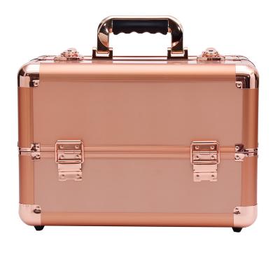 China New Fashion Large Two Stain Layer Four Box Aluminum Alloy Storage Makeup Box With Shoulder Straps for sale