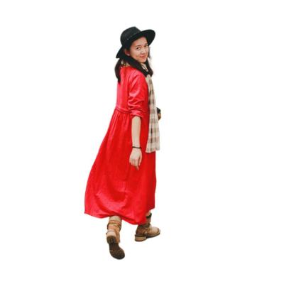 China Gentlewomanly Red Linen Dress Anti-Static Literary Big Skirt Dress With Long Sleeves for sale