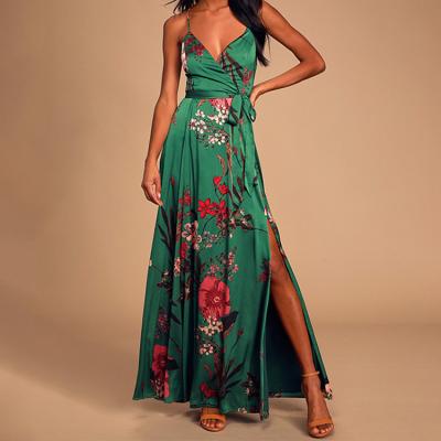 China Hot Sale Anti-Static Emerald Green Floral Print Satin Maxi Dress For Woman for sale