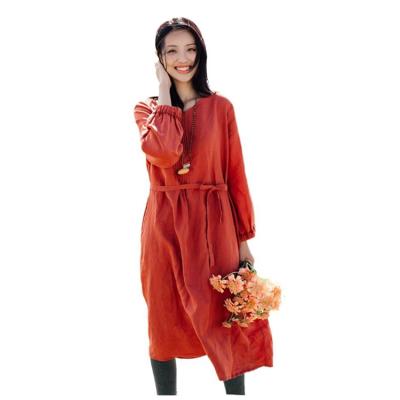 China Girls Breathable Gress 2019 New Dresses Sheath Long V Neck Lace Up Long Sleeve Belted Canvas Dress for sale