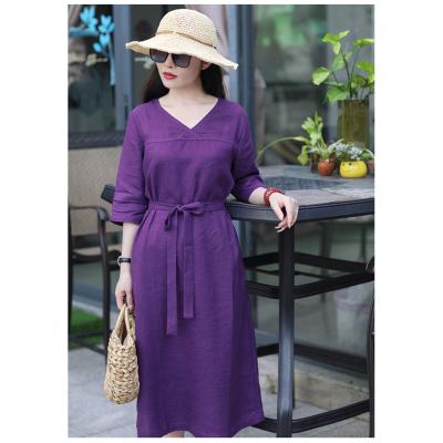 China Spring Summer V-Neck Anti-Static Linen Lace Up Elegant Dress Long Sleeve Casual Dresses With Belt for sale