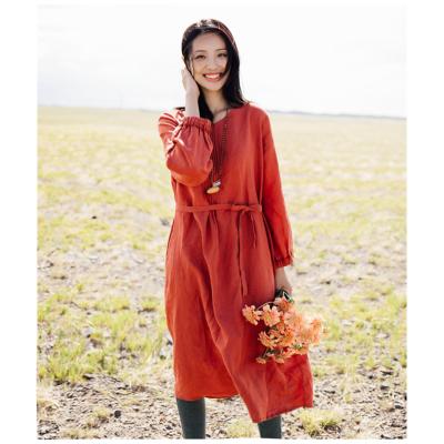 China Anti-Static Long Sleeve Lace Up Dresses Women Lady Elegant Casual Dresses Maxi Linen Skirt for sale