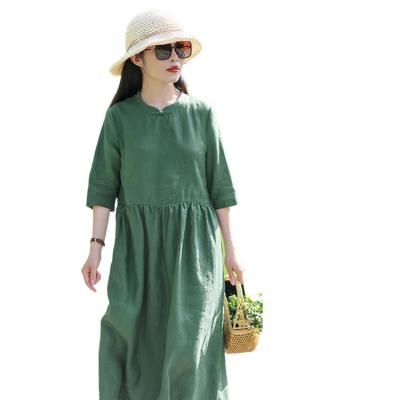 China Green Breathable Canvas Flat-Button Long Maxi Crew Neck Elegant Casual Morandi Dress for sale