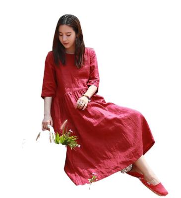 China Breathable Ladies Comfortable Red Spring Casual And Loose Skirt / Summer New Full Linen Dress for sale