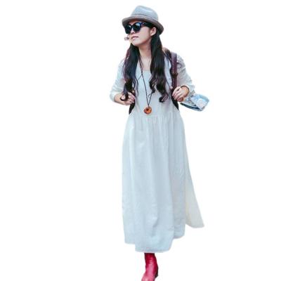 China Breathable Elegant Empire Slim Even Waist Loose Long Sleeve White Cotton And Linen Dress for sale