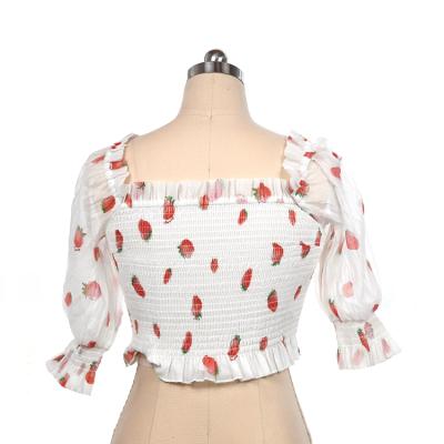 China Fashion Breathable Crew Women Summer T-shirt Style Short Sleeve Pretty Ruffle Strawberry Print Crop Tops Slim Lady White for sale