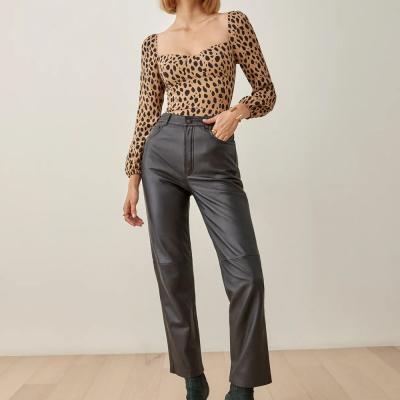 China Factory Wholesale Leopard Print Anti Shrink Low Neck Long Sleeve Slim Fit Top for sale