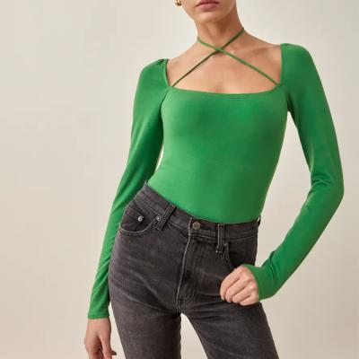 China Selling Anti-Shrink Well In Many Countries Green Slim Fit Cross Tie Halter Long Sleeve Top for sale