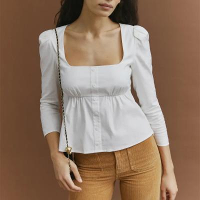 China Cheap Price White Square Neck Anti Shrink Buttoned Soft Long Sleeve Top for sale