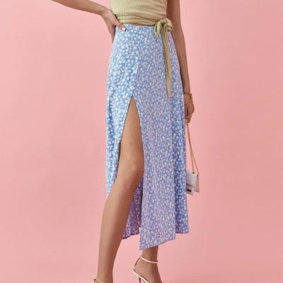 China Breathable Sell Well In Many Country Sweet Blue Floral Print Slit Midi Skirt for sale