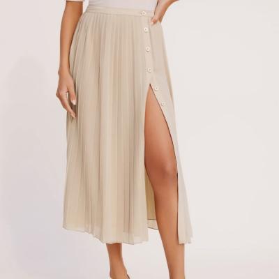 China Breathable 2022 Popular Chiffon Fabric Button Detail High Split Casual Midi Skirt for sale