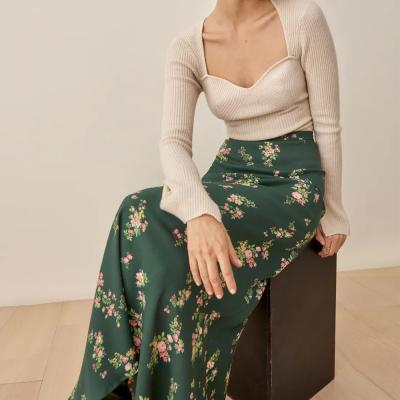 China Factory Direct Large Floral Printing Green Breathable Midi Length Casual Skirt for sale