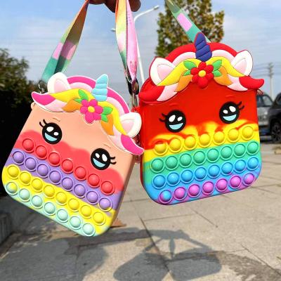 China Silicone Stress Reliever Bag Kids Toy Silicone Push Bubble School Animal Cartoon Unicorn Fidget Shoulder Bag for sale