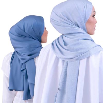 China New Arrival Muslim Crease Solid Color Scarf Tudung Bawal Fold Pleated Silk Satin Hijab Shawl for sale