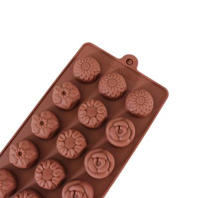 China Viable Silicone 15 Even 4 Kinds Baking Ice Tray Mold Rose Chocolate Cake Soap Mold Cake Mold Brown Cavity Silicone Flower for sale