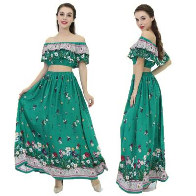 China Wholesale Manufacturer Anti-Static Green Color Two Piece Set Sexy Off Shoulder Short Top And Boho Long Maxi Skirts Set For Women for sale