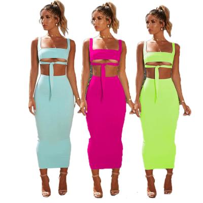 China Wholesale Anti-Static Sexy Sleeveless Long Dress Two Piece Set Bandage Clothes Feminine Sexy Dress Women For Party Wear for sale