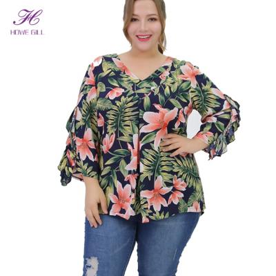 China 2019 summer high quality extra large size butterfly floral anti-pilling ladies plus size blouses top woman for sale