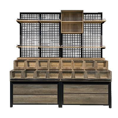 China Supermarket Single Sided Steel And Wood Side Shelf Single Shelf Display Racks Supermarket Cosmetic Store for sale