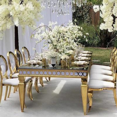 China Modern Hotel Event Banquet Furniture Golden Metal Rectangular Frame Mirror Glass Top Dining Tables for sale