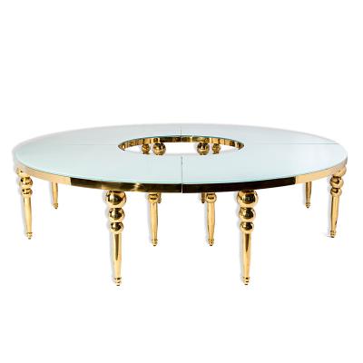 China Modern Luxury Wedding Half Moon Stainless Steel Glass Top Golden Serpentine Party Dining Tables for sale