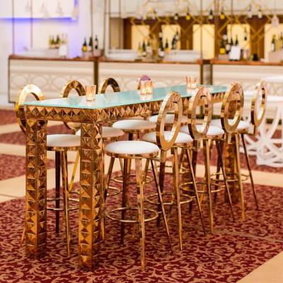 China Modern Factory Supply Rose Gold Steel Mirror Glass top Wedding High Bar Table for sale