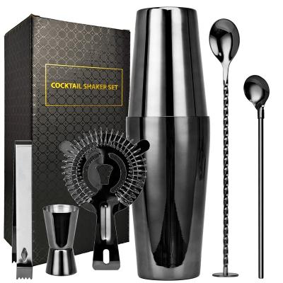 China Cocktail Shaker Set Cocktail Shaker Set With Patterns Stand Boston Gold Black Bar Customized Logo Color Box Stainless Steel 304, Metal CG1066M 6piece for sale